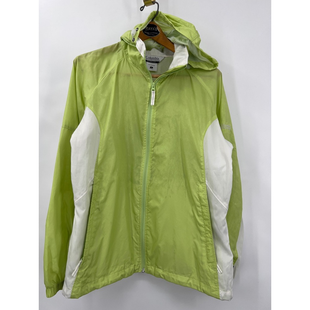Columbia Women's Large Windbreaker Hooded Packable Lightweight Vented Lime Green